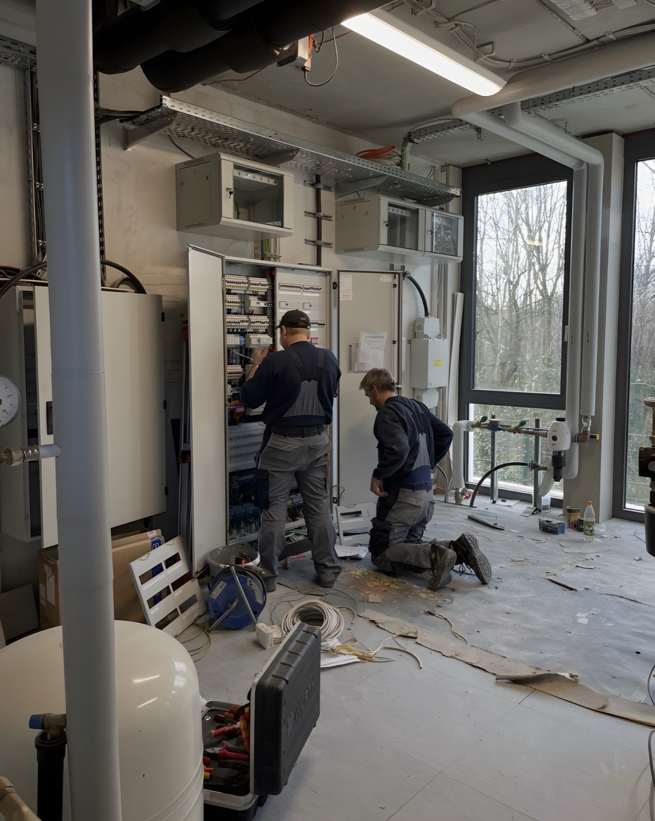 Zwei Elektriker bei der Montage eines Schaltschranks